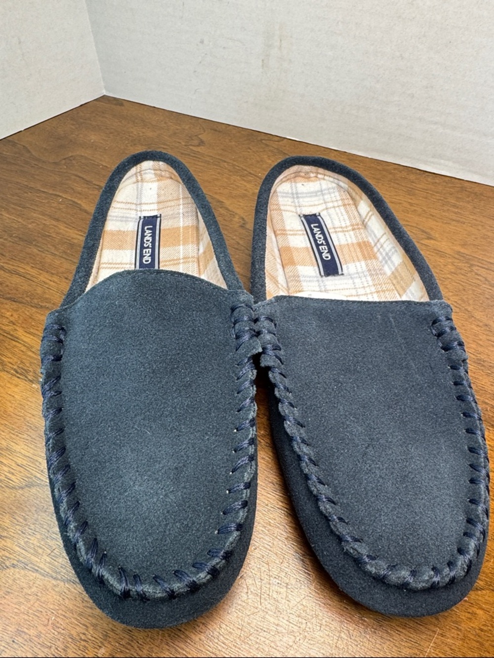 NWOT Lands End Suede Slip-on Moccasin Mules Hard-sole Slippers Navy, Womens 9 - Picture 2 of 13